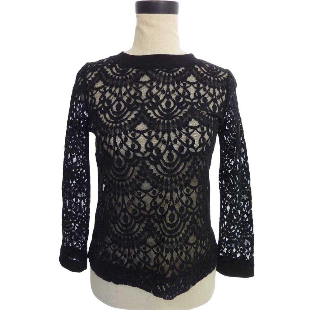 Banana Republic Womens Crochet Lace Top XS Button Back Long Sleeve Blouse Black